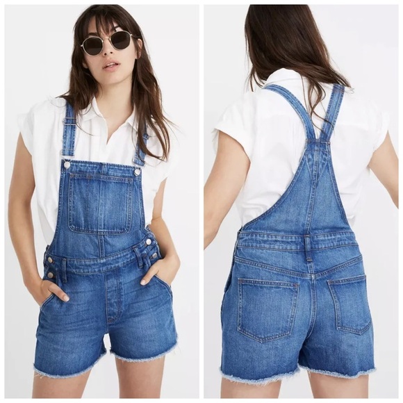 NWT Madewell Adirondack Denim Overalls Shorts Shortalls Denville Wash Raw Hem XS - Picture 1 of 16